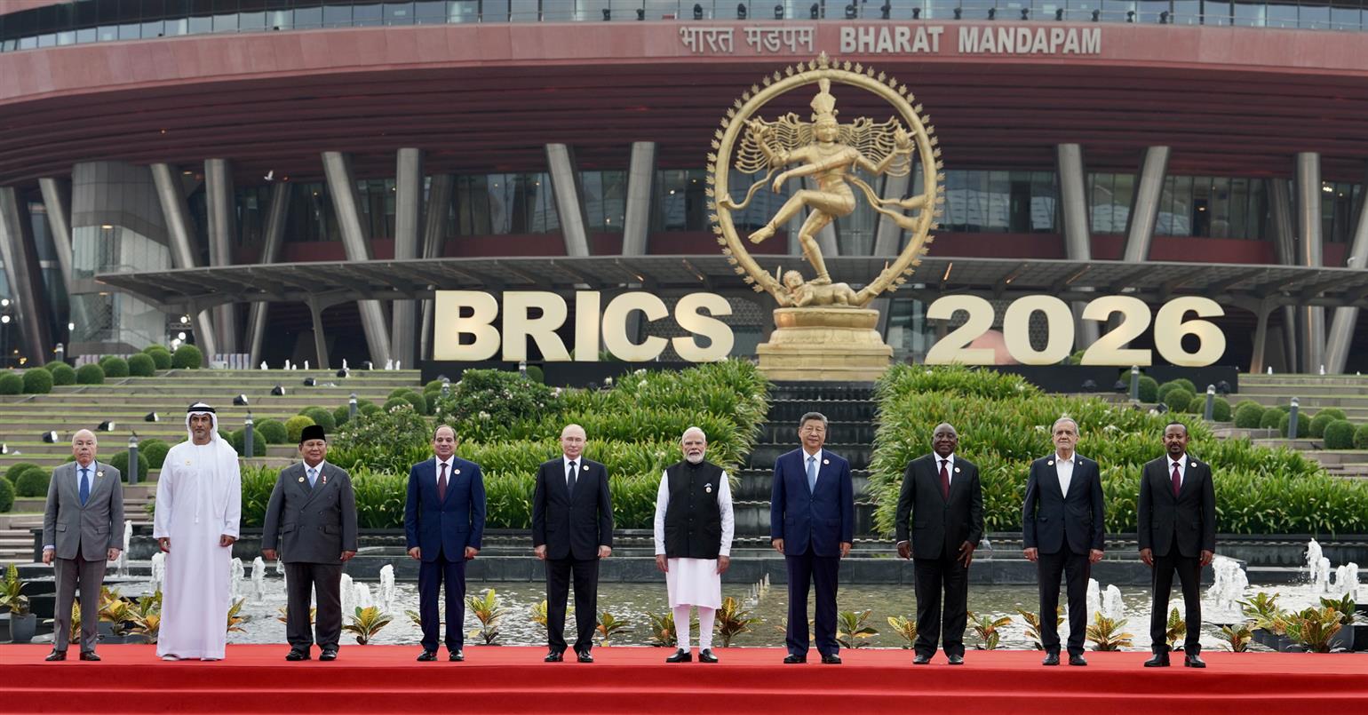 PM in a group photograph with BRICS leaders on the sidelines of the 18th BRICS Summit at Bharat Mandapam, in New Delhi.